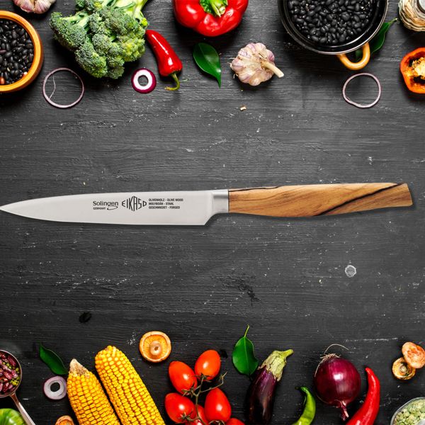 Eikaso Küchenmesser Geschmiedet Mittelspitz 12cm mit Olivenholzgriff - Hochwertiges Kochmesser für präzises Schneiden