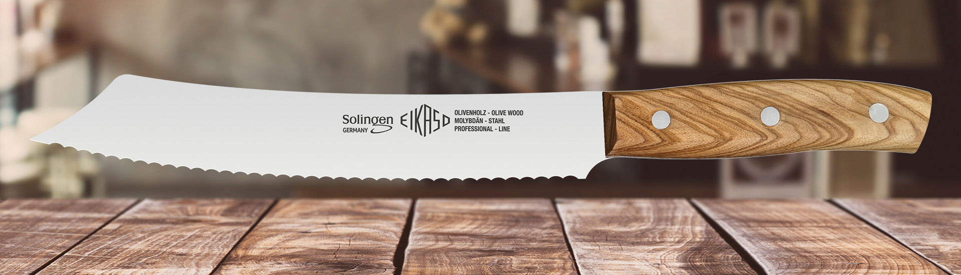 Original Eikaso Solingen Brotmesser, Olivenholz 21cm